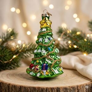 Vintage Thomas Pacconi 7" Hand Blown Hand Painted Glass Christmas Tree Ornament